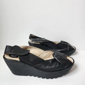 Fly London 40 9.5 Yakin Sandal Black Leather Slingback Platform Wedge Chunky Y2K